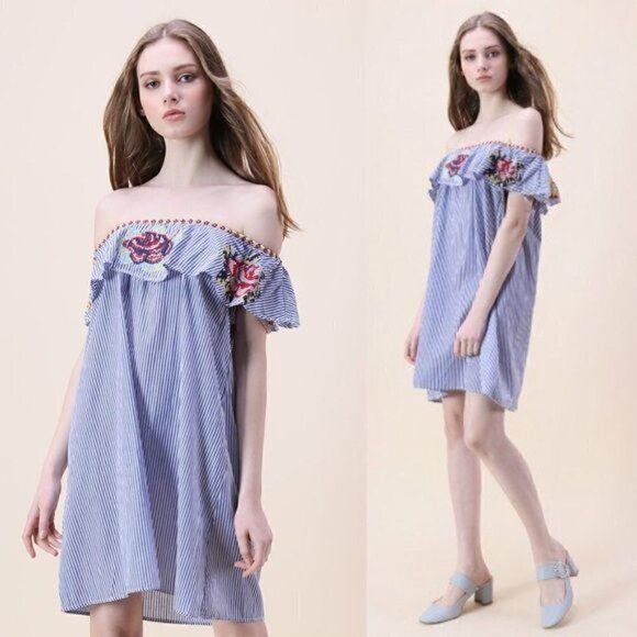 Chicwish Dresses & Skirts - Chicwish Off the Shoulder Embroidered Dress Medium